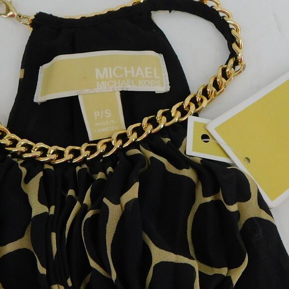Michael Kors Women's Black Beige Giraffe Pleated Chain Top Blouse Size P/S New - Picture 6 of 7